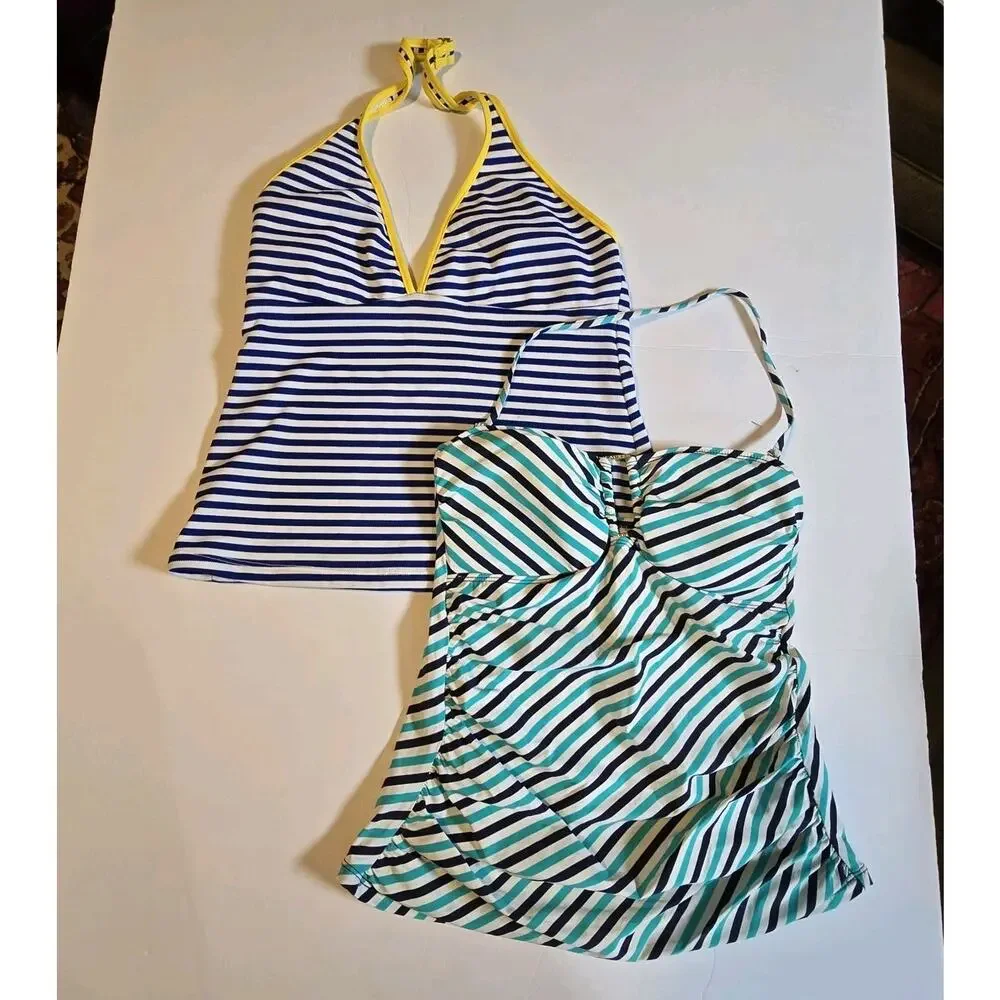 Ralph Lauren Set 3 Striped Tankini Tops Womens MED Blue Black Teal Beach‎ Summer